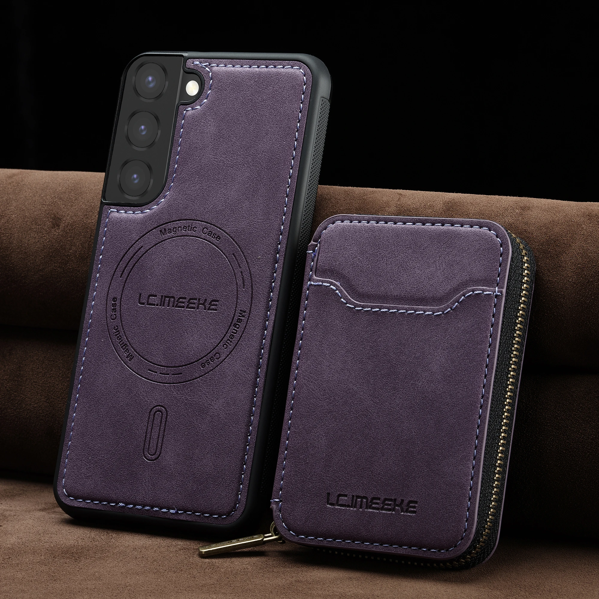 Funda tipo billetera de cuero con cremallera Solt para Samsung S25 Ultra S24 Plus S23 S22 A16 A36 A56, tarjetas magnéticas desmontables 2 en 1 - imagen 4