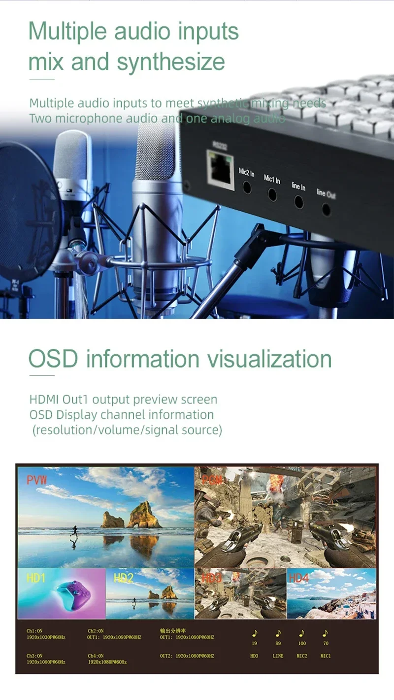 Conmutador de vídeo SDI HDMI, multicámara, producción de transmisión en vivo, estación de transmisión, compatible con línea de micrófono, entrada y salida, grabación de captura de vídeo - imagen 4