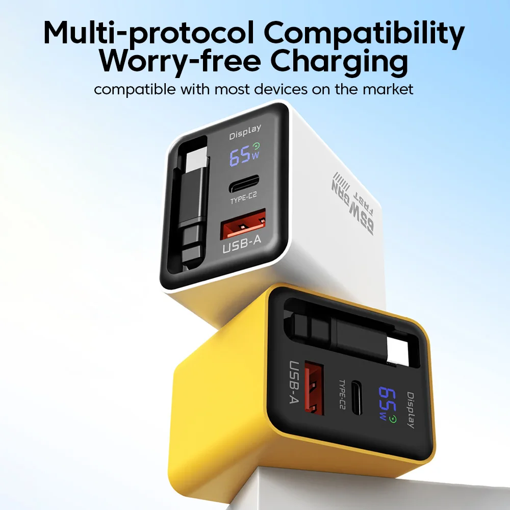 Cargador USB C de 65W con Cable retráctil, cargador de teléfono móvil con pantalla Digital, adaptador de carga rápida para iphone 15 16 17 Samsung - imagen 3