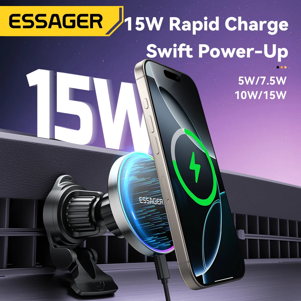 Essager 15W soporte para cargador de coche ajustable 360 grados carga rápida soporte magnético para coche cargador inalámbrico para iPhone 16 15 14 Pro - imagen 2