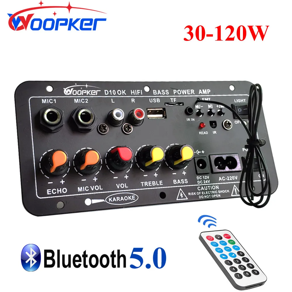 Woopker-placa amplificadora de Audio, 30-120W, compatible con micrófono Dual, Bluetooth, amplificador Subwoof para altavoz de 4Ohm, 12V, 24V, 110V, 220V - imagen 2