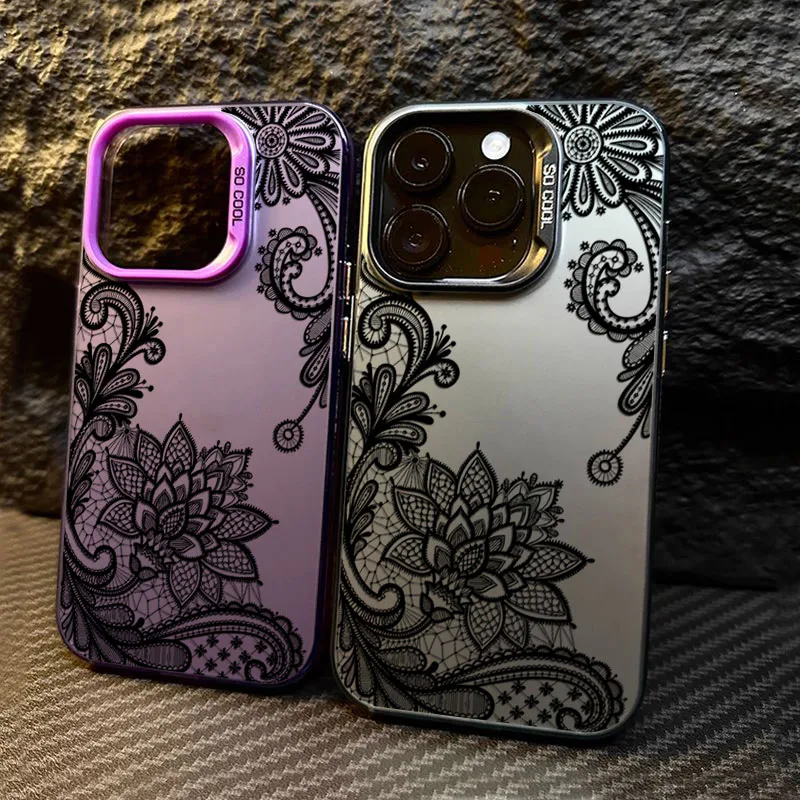 Nueva funda de teléfono plateada electrochapada con estampado de encaje negro para Xiaomi 15 14 14T 13 12 13T Pro 11 Lite NE, funda Sexy de moda para chica - imagen 2