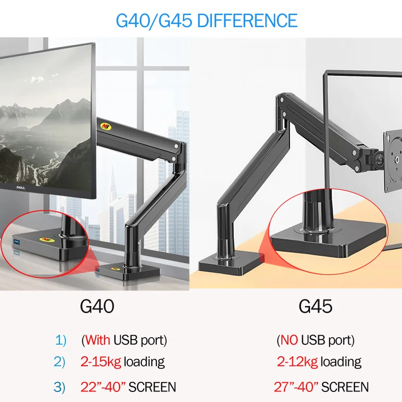Brazo de resorte de Gas NB G40 G45, soporte para Monitor de escritorio con pantalla de 22-40 pulgadas, rotación 360, 3-12KG, 3-15kg, brazo de montaje para Monitor - imagen 5