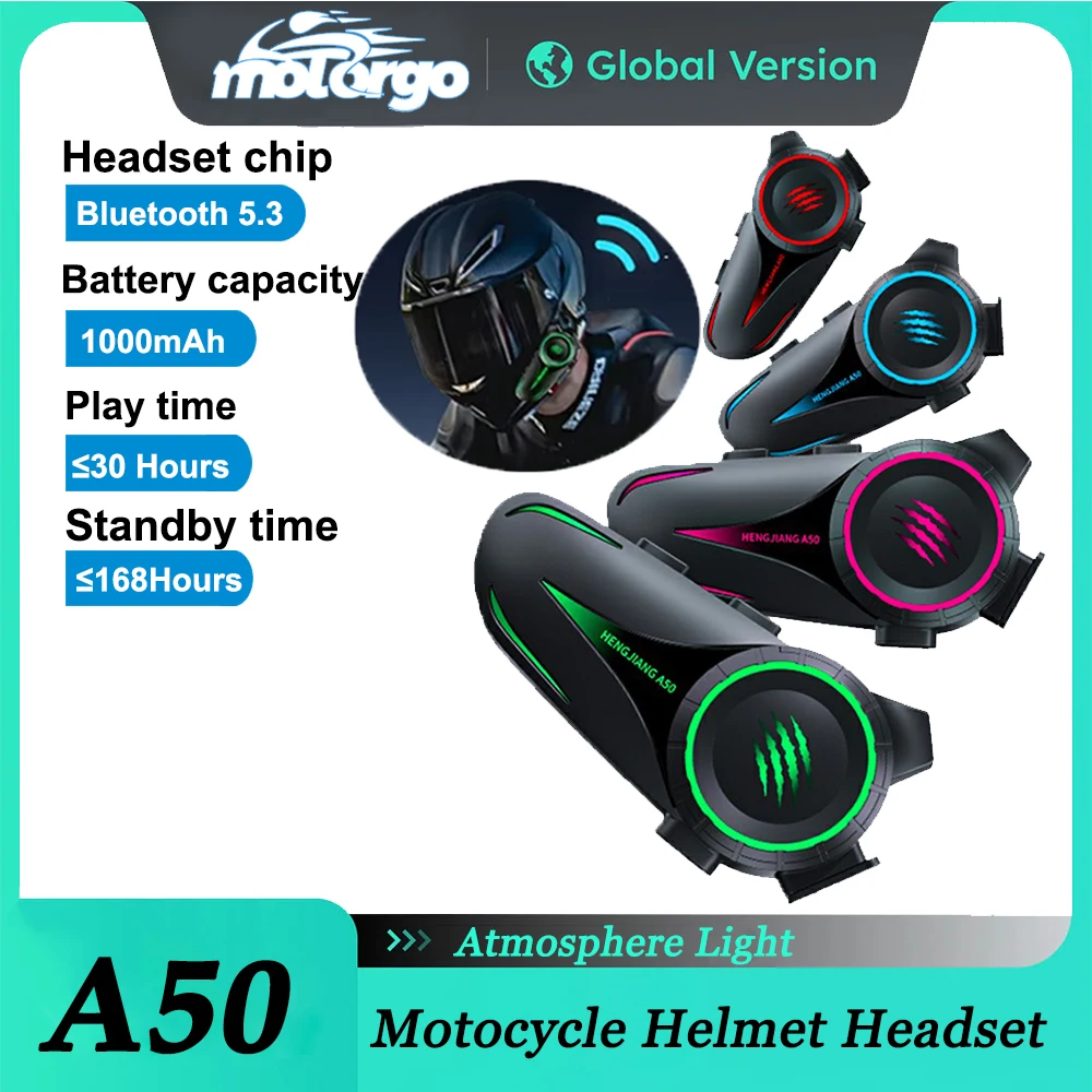 A50 casco de motocicleta auriculares estéreo Control de voz Bluetooth llamada manos libres IPX7 impermeable con luz ambiental tricolor - imagen 2
