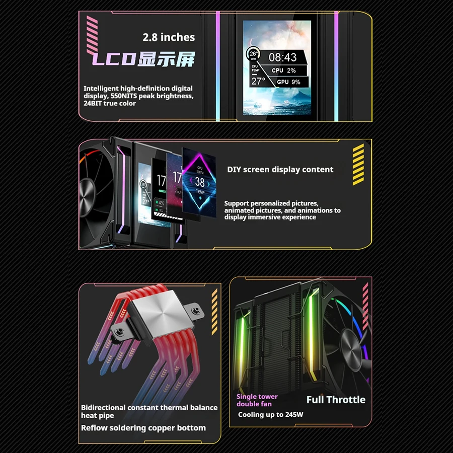 Power train X-Gamerx Fengbo MK8 ARGB 2.8-inch LCD screen PWM thermalright cpu cooler single tower double fan tower air cooler - imagen 4