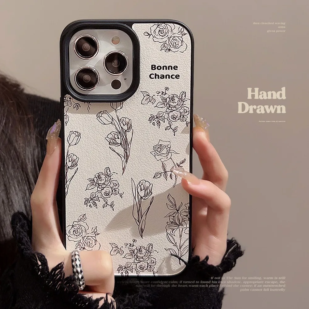 Ins Camelia rosa patrón textura de cuero chapado borde plateado funda de teléfono para iPhone17 16 15 14 13 12 Pro Max cubierta anticaída - imagen 4