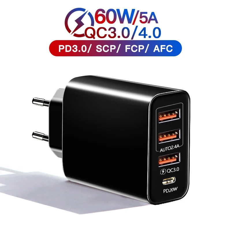 Cargador USB tipo C de 60W, adaptador de carga rápida QC3.0, PD, 20W, para iPhone, Samsung, Xiaomi, Huawei, teléfono móvil tipo C, cargador de pared USB