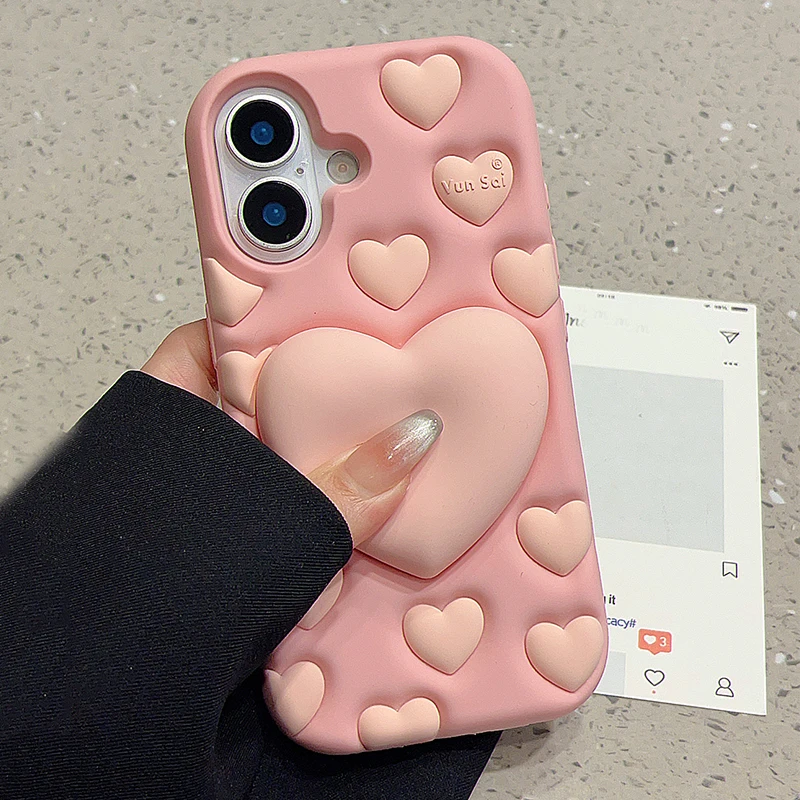 Funda de descompresión con soporte de corazón de amor 3D rosa para iPhone 16 15 13 14 12 Pro Max, funda de teléfono de silicona suave - imagen 3