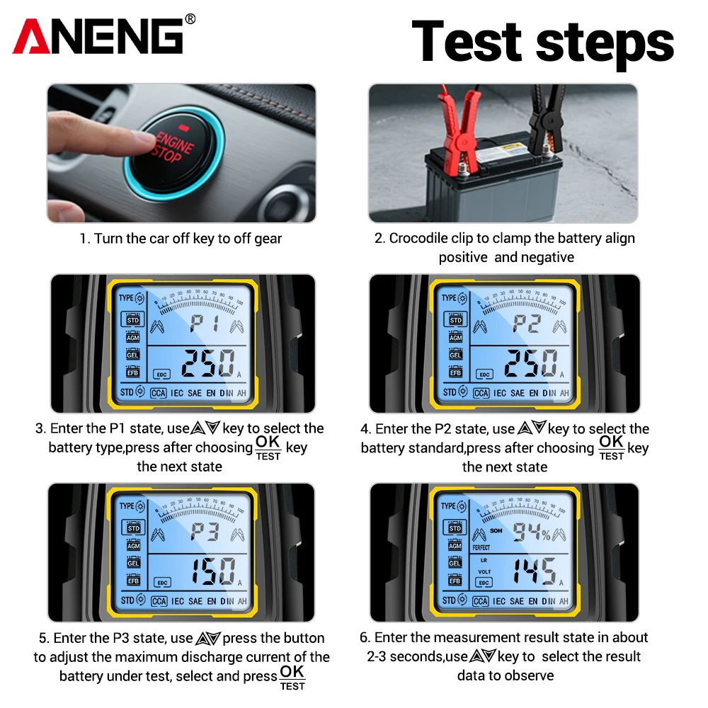 ANENG-Herramienta de prueba de batería Digital Universal con pinza de cocodrilo aislada, pantalla LCD, prueba profesional de batería de coche BT175 - imagen 4