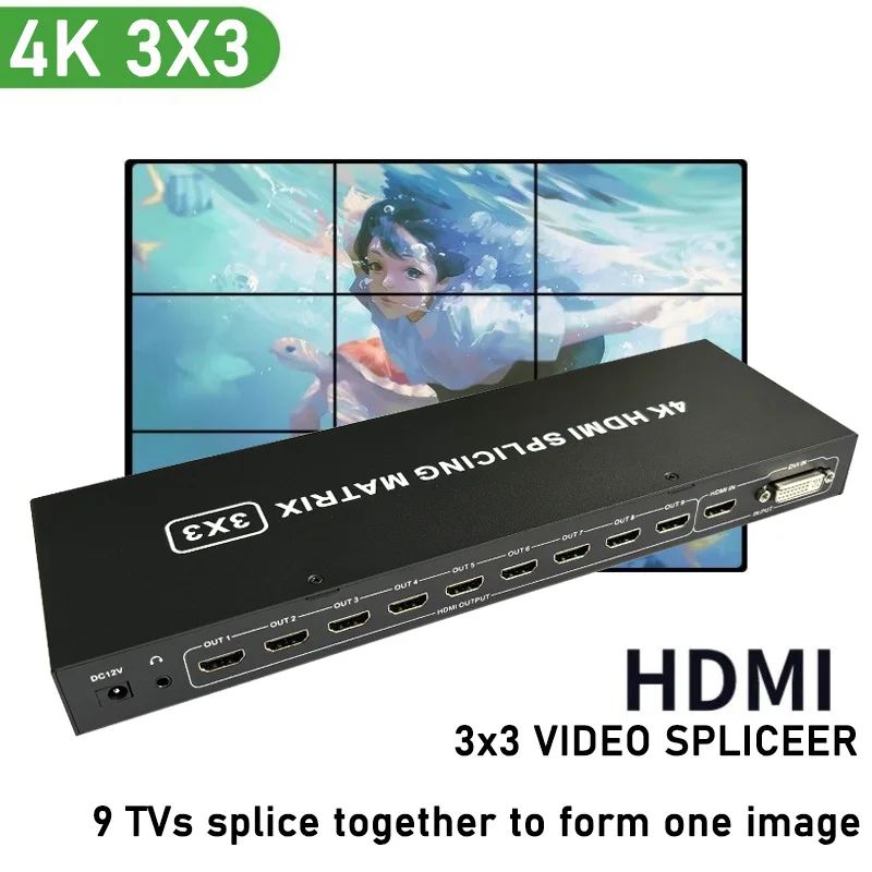 Controlador de pared de vídeo HDMI 4K 3x3, procesador de empalme de Monitor multipantalla 2x2 2X3, 9 unidades, empalmador de TV, matriz de empalme HDMI 4K 3x3 - imagen 2