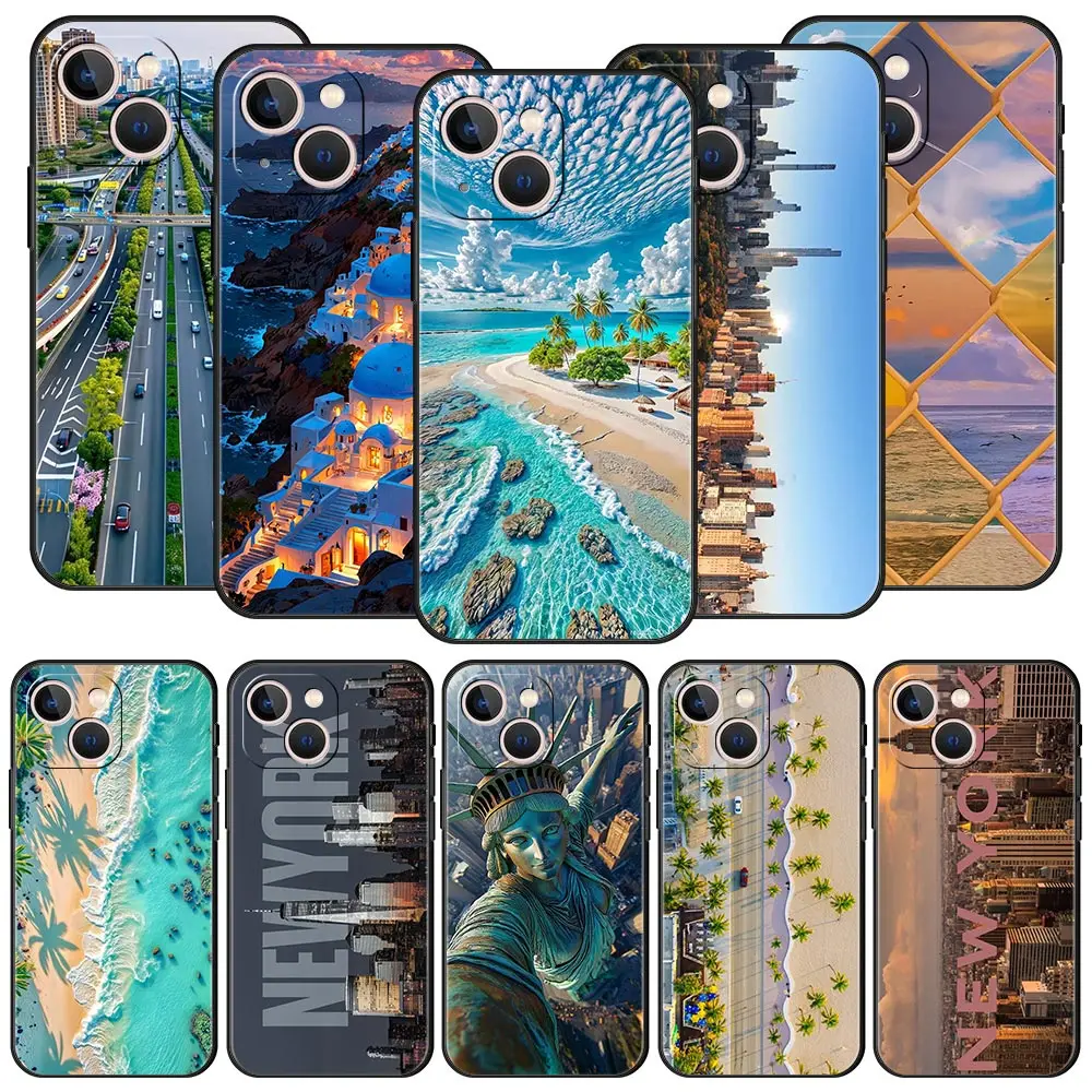 Nueva York ciudad paisaje costero funda de teléfono de lujo para iPhone 17 Air 16 Plus 13 15 14 12 11 Pro MAX 7 8 SE cubierta negra de TPU suave