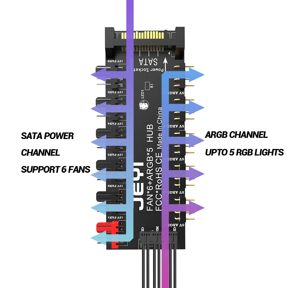 JEYI-ventilador de sincronización de 5 vías, 4 pines PWM y 5V, 3 pines ARGB con SATA 15 Pines, Hub de ventilador de refrigeración de CPU, direccionable, iluminación RGB, divisor de PCB - imagen 3
