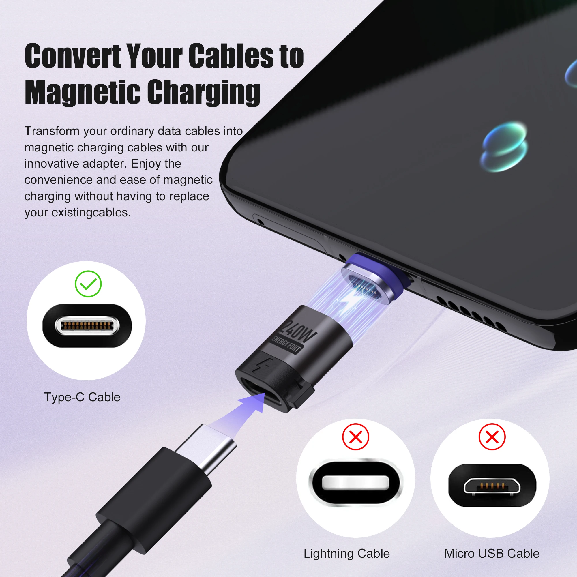 Cable de carga rápida PD 3,0, adaptador magnético tipo C de 240W, extensor de conector tipo C de transferencia de datos de 480 Mbps para teléfono y portátil - imagen 5