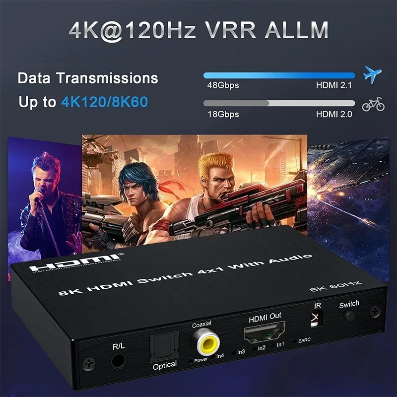 Conmutador HDMI 8K 60Hz 4 en 1 salida con Extractor de Audio eARC Conmutador HDMI 4K 120Hz a ARC SPDIF + Coaxial + salida de Audio de 3,5mm 48Gbps HDR - imagen 5