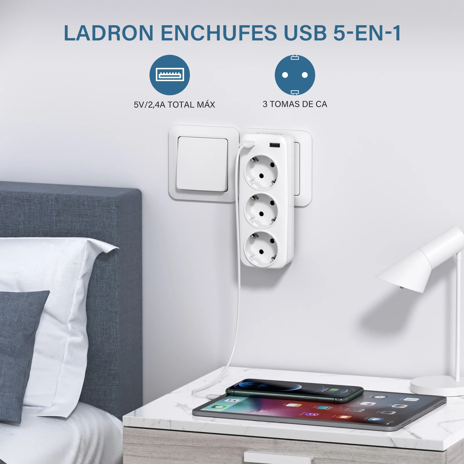 LENCENT EU Plug Extensor de enchufe de pared 5 en 1 con 3 salidas de CA 2 USB 4000W 5V2.4A Cargador de pared para hogar/oficina - imagen 3