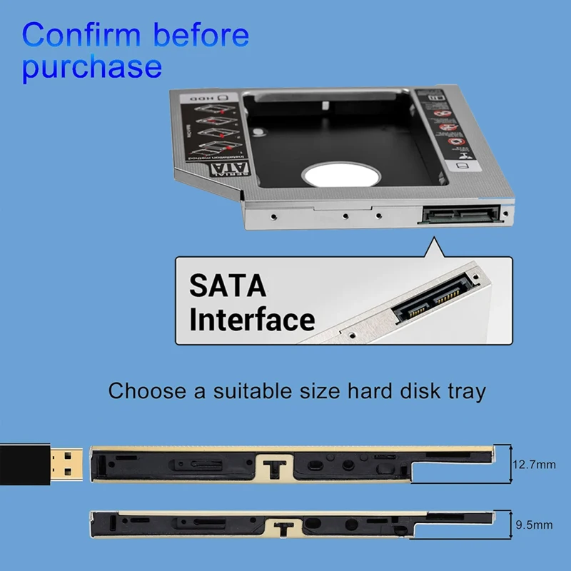 Carcasa de aluminio para disco duro de 2 segundos, adaptador para Hdd Caddy de 9,5mm, 12,7mm, Optibay SATA 3,0, 2,5 pulgadas, SSD, DVD, CD-ROM - imagen 2