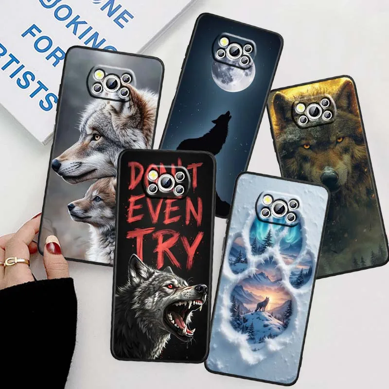 Funda con patrón de arte de lobo para Xiaomi Poco C65 C55 C51 C50 C40 F6 F5 F4 M6 M5 M4 X6 X5 5G, funda negra para teléfono