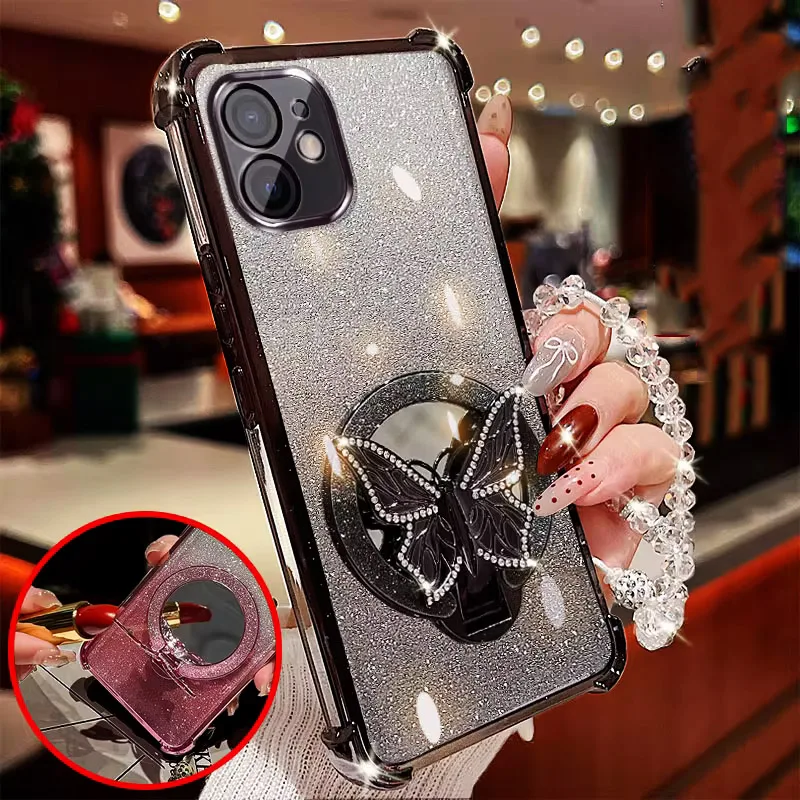 Funda de teléfono con purpurina y pulsera plegable con mariposa y espejo para iPhone 17 Air 16 15 14 13 12 11 Pro Max 16 Plus 16E, funda a prueba de golpes - imagen 2