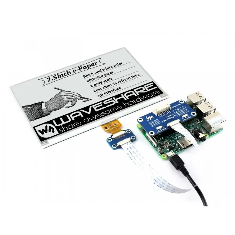 Waveshare-Sombrero de pantalla de tinta electrónica de 800x480, 7,5 pulgadas para Raspberry Pi 2B/3B/Zero W, dos colores: negro blanco, interfaz SPI, sin retroiluminación - imagen 4