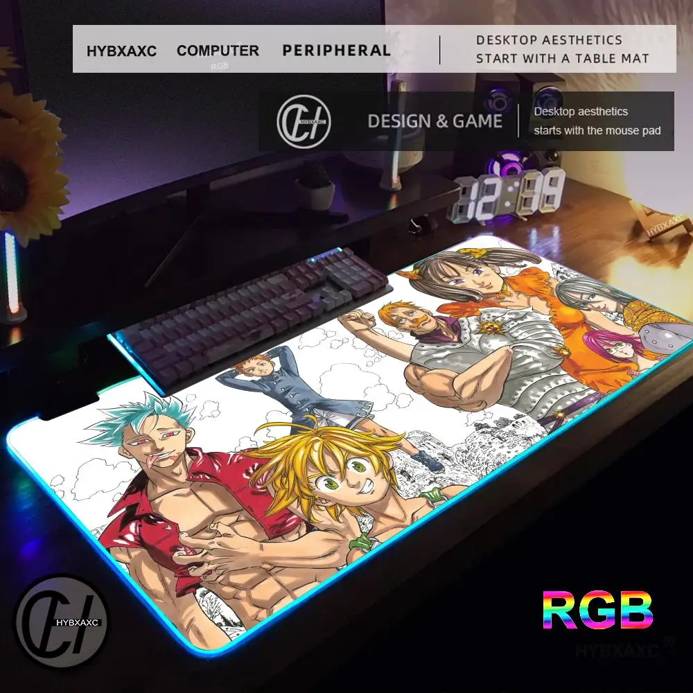 Alfombrilla de ratón RGB para juegos, alfombrilla de escritorio HD para Gamer, luz LED grande XXL Escanor Seven Deadly Sins, alfombrillas para ratón, alfombra para ordenador