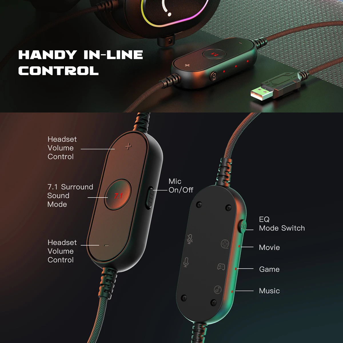 Fifine-auriculares dinámicos RGB para videojuegos, cascos supraaurales con micrófono, sonido envolvente 7,1, PC, PS4, PS5, 3 opciones EQ, juego, película, música - imagen 5
