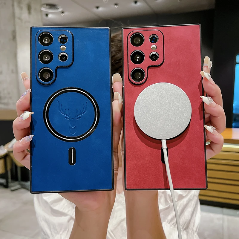 Funda de teléfono de cuero con carga inalámbrica magnética Magsafe de lujo para Samsung S25 Ultra S23 S21 S22 S24 Ultra Plus cubierta de ciervo alce - imagen 4