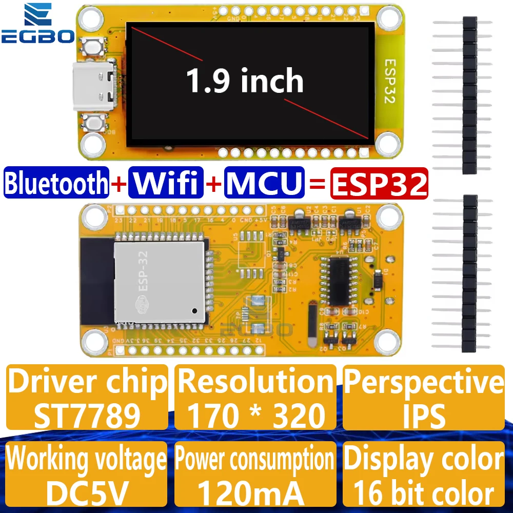 ESP32-D0WD-V3 de 1,9 pulgadas con placa de desarrollo LVGL WiFi + Bluetooth módulo TFT de pantalla de visualización de 170*320 para arduino