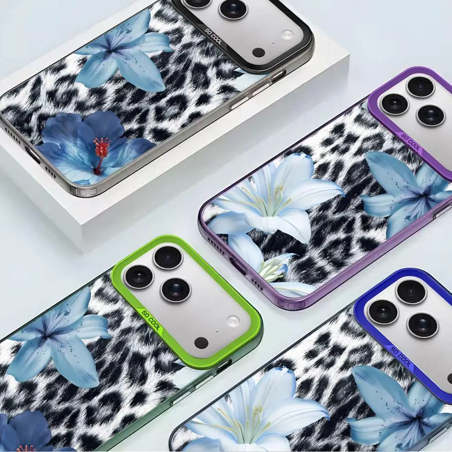 Funda Protectora para Teléfono con Estampado de Leopardo y Flores Azules para iPhone 17 Pro Max 11 12 14 XS XR 15 Plus 13 Pro Air 16