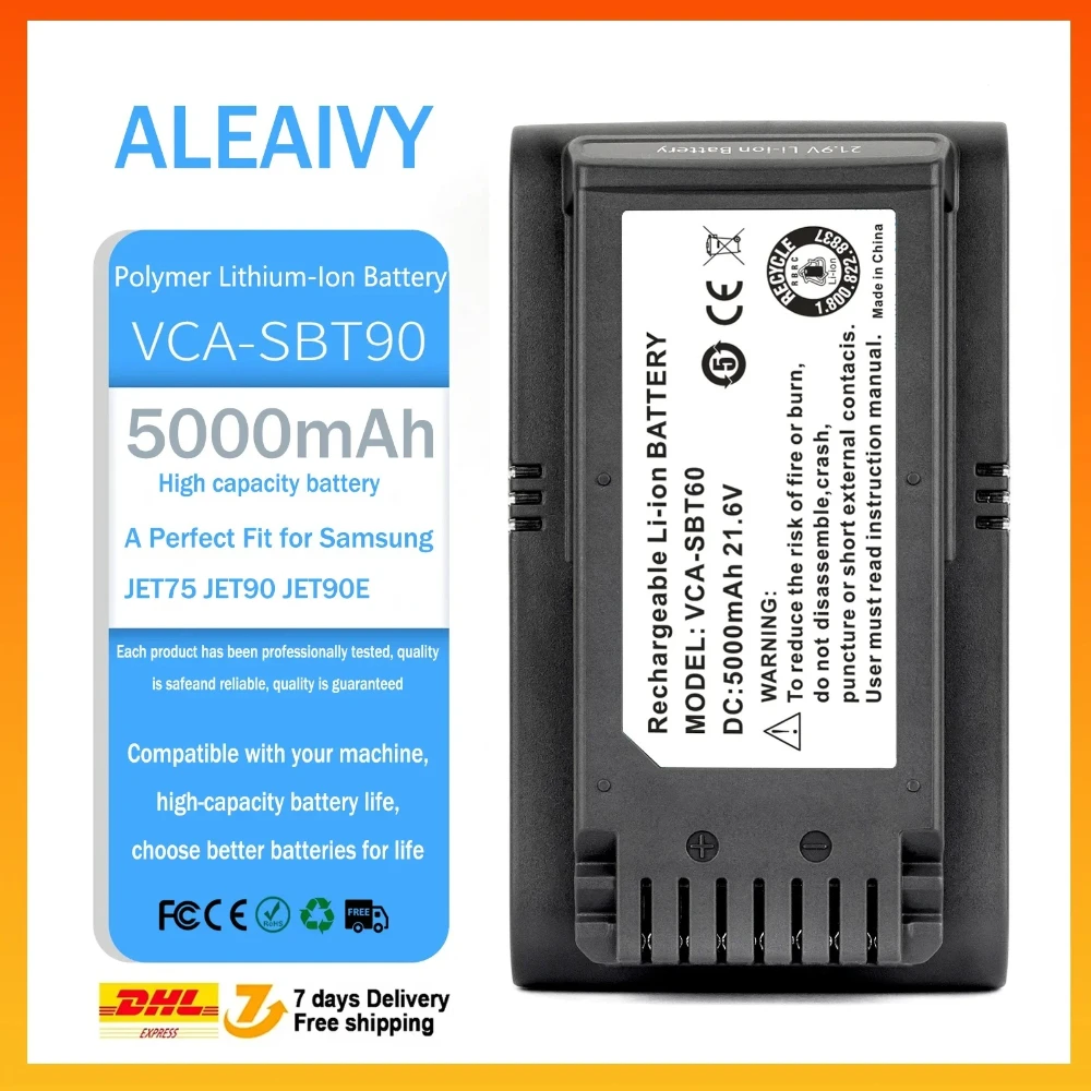 Batería de aspiradora de iones de litio de 21,6 V y 5000 mAh VCA-SBT90 para Samsung serie JET75/JET90 (mascotas/completa/multi).