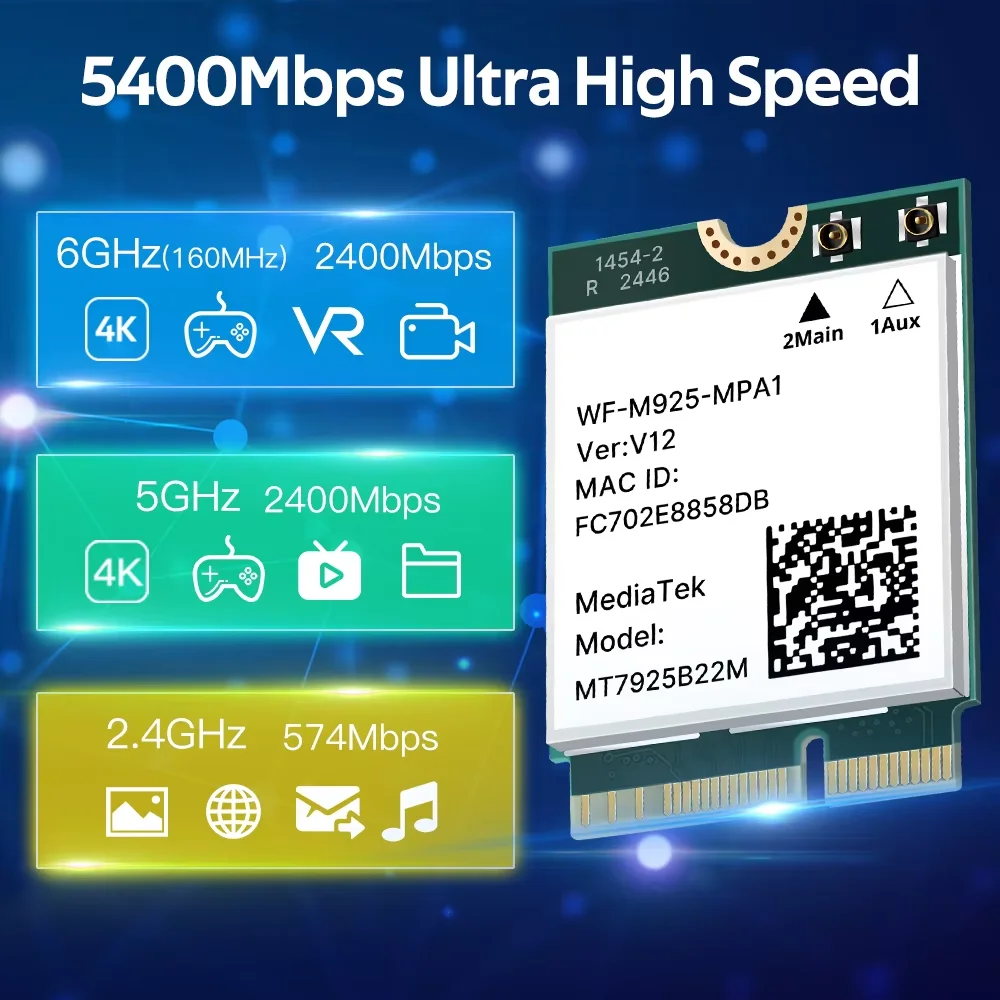 Tarjeta de red MT7925 WiFi 7 5400Mbps para Bluetooth 5,3 Tri Band 2,4G 5Ghz 6GHz M.2 NGFF adaptador inalámbrico para Win 10 Win 11 - imagen 3