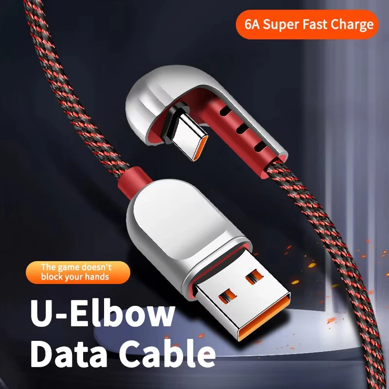 Cable USB tipo C NNBILI de 66 W para Huawei P40 6A 180 ° Cable de carga rápida en ángulo para iphone 17 16 Switch Xiaomi Cable USB C en forma de U - imagen 2