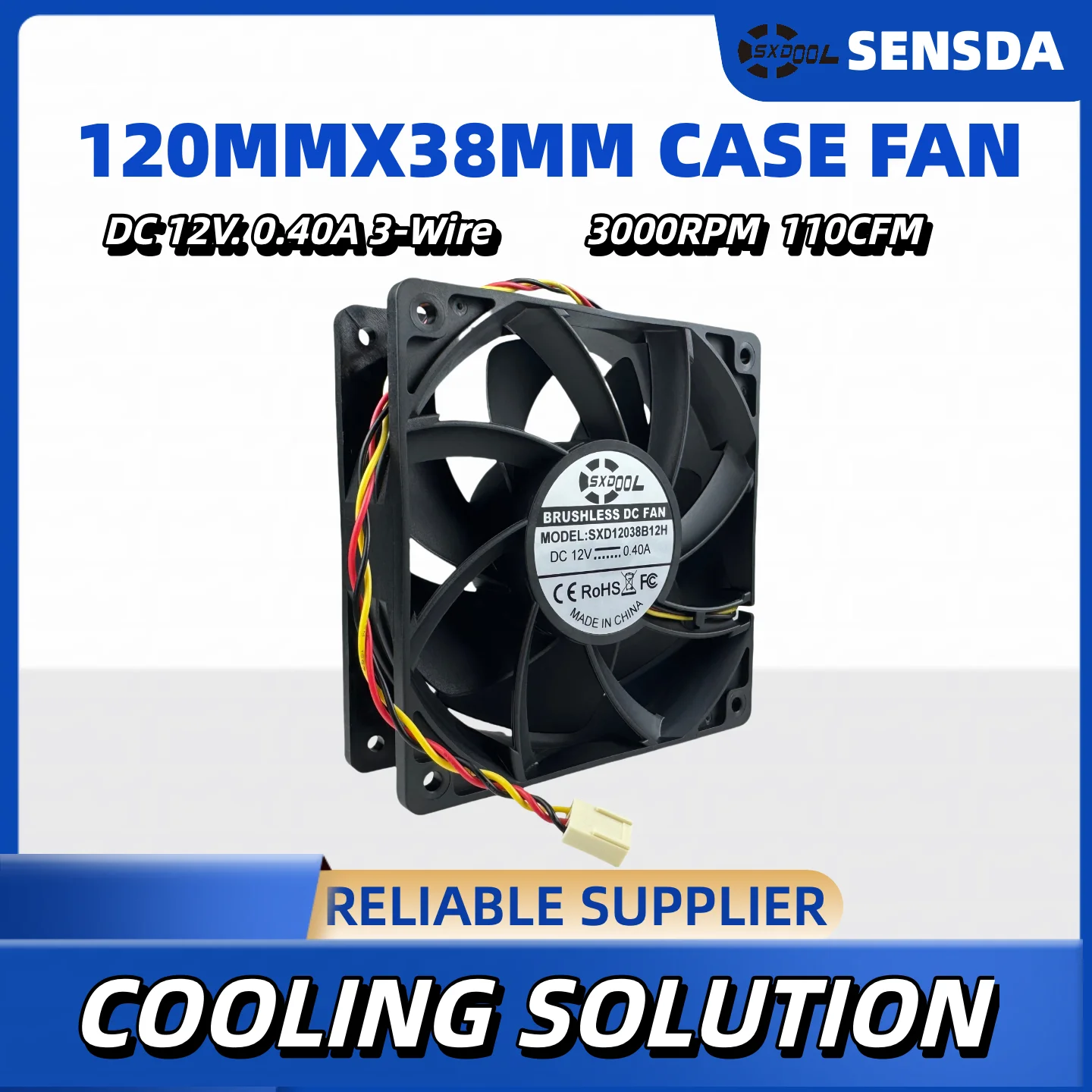 12038 Ventilador con rodamiento de bolas doble 120x120x38 mm - 12 V 0,40 A 3000 RPM 110 CFM 3 pines con refrigeración de señal de velocidad de RPM, servidor, industrial - imagen 2