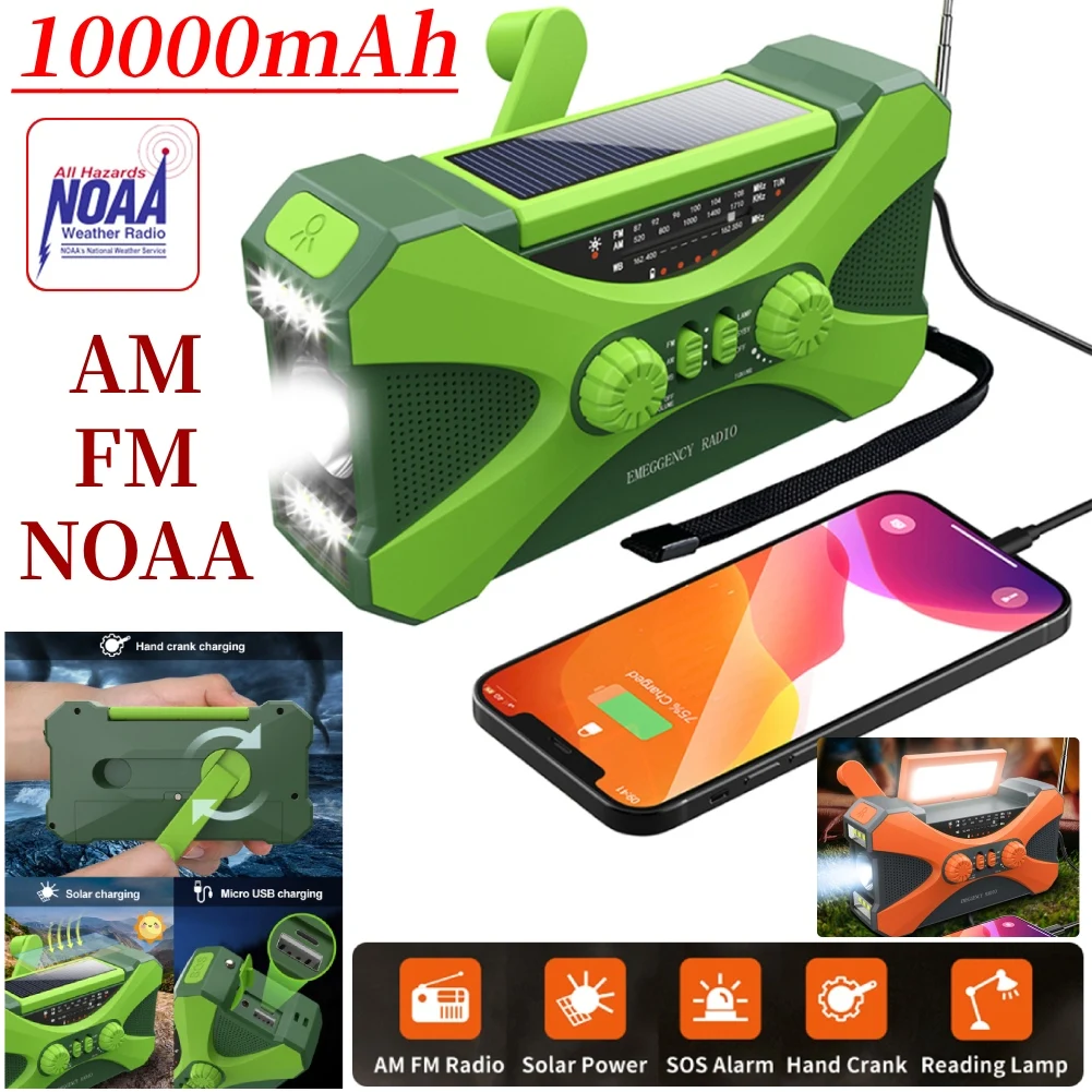 Radio de emergencia con energía Solar de 10000mAh, receptor Global AM/FM/NOAA con manivela manual, linterna LED de alta calidad, luz de lectura, alarma SOS