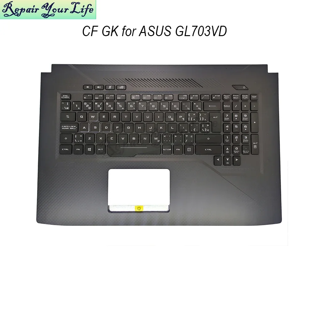 GK/CF Teclado retroiluminado, reposamanos para Asus GL703, ROG Strix, GL703V, GL703VD, Grecia, teclado francés canadiense, 90NB0CM1-R31C80
