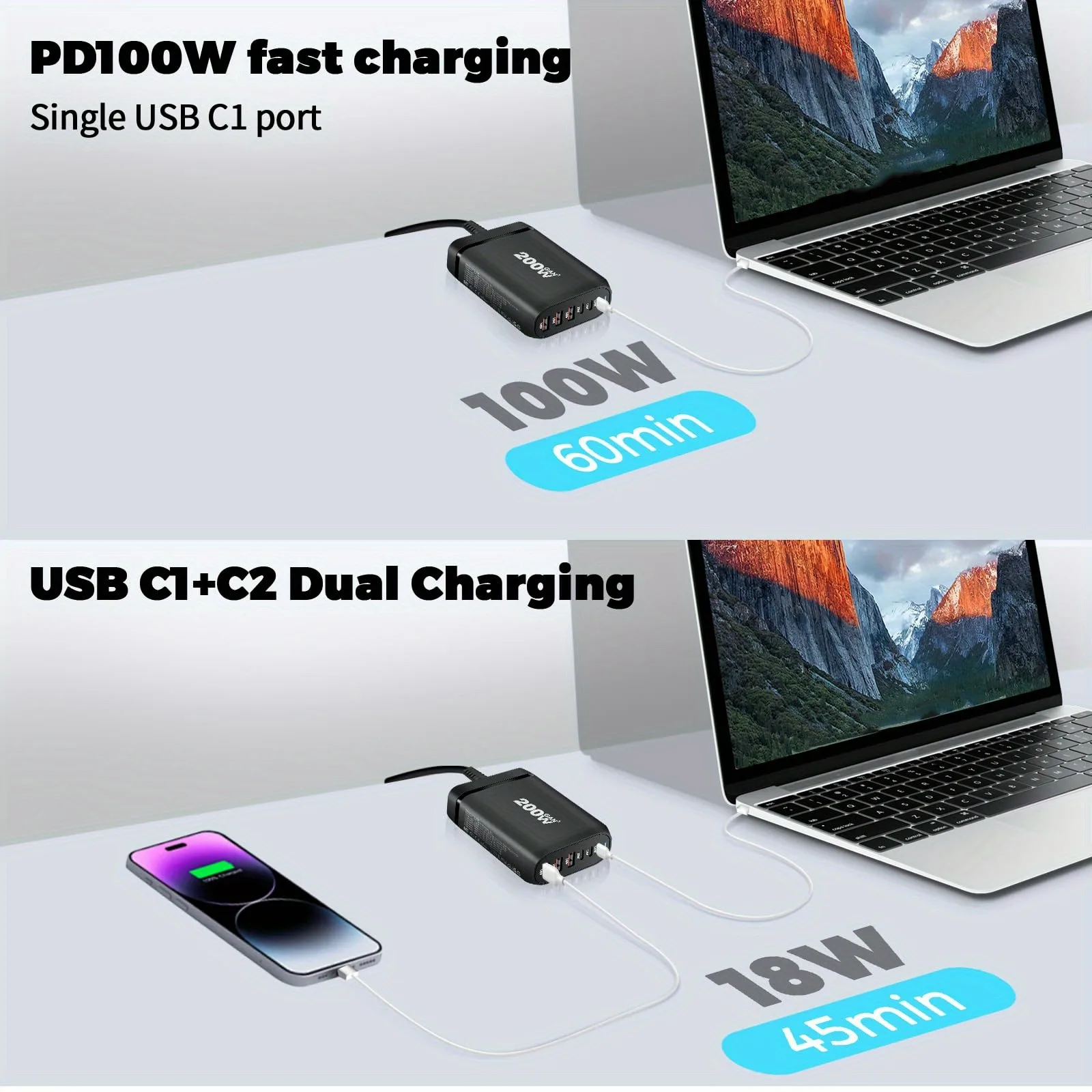 Estación de carga con indicador LED GaN USB C de 200W para teléfonos móviles 6 puertos 3C3A carga rápida de alta potencia para iphone, para MacBook, etc. - imagen 3