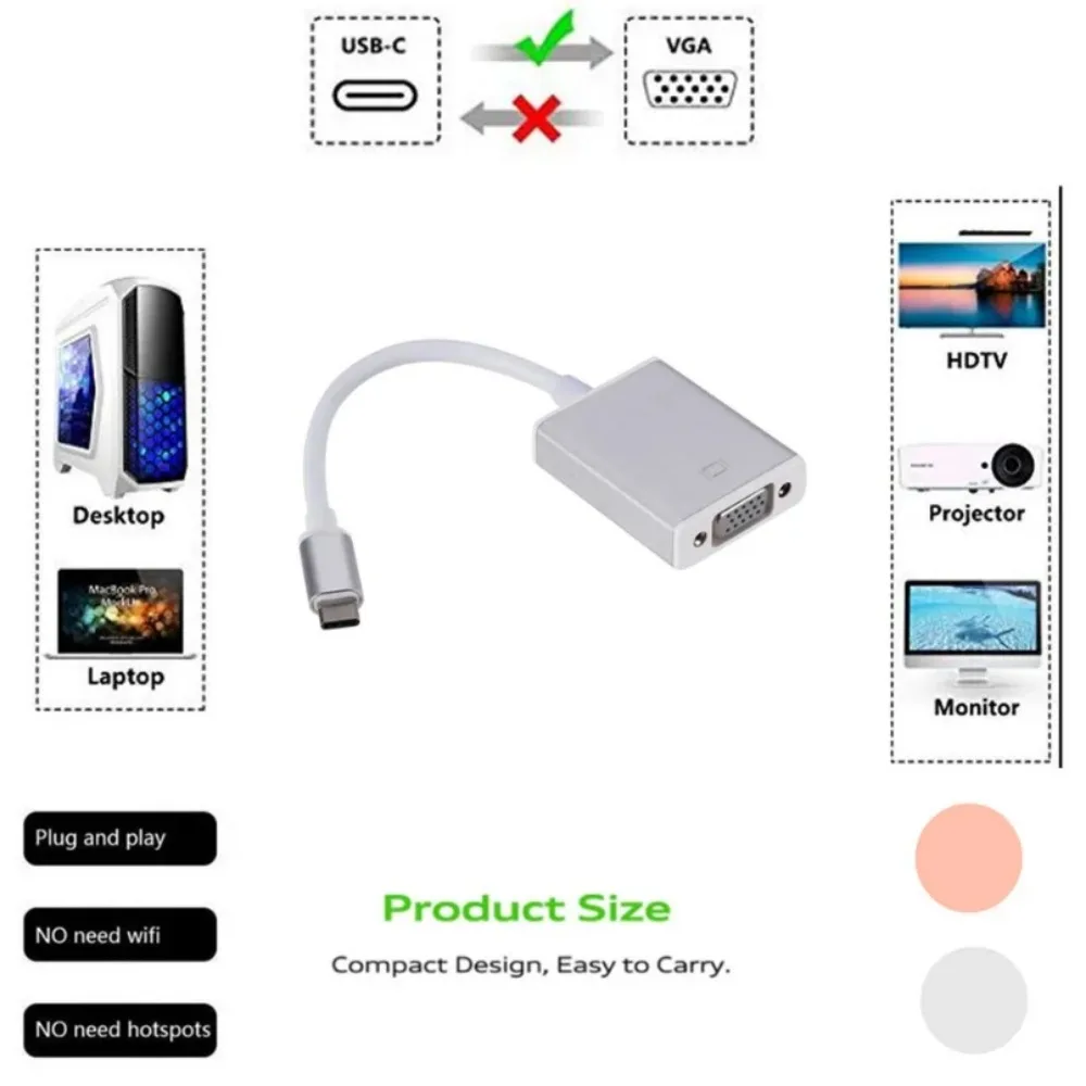 Adaptador USBC a VGA USB 3,1 tipo C, Cable convertidor VGA macho a hembra 1080P FHD para Macbook, 12 pulgadas, Chromebook Pixel Lumia 950XL - imagen 3