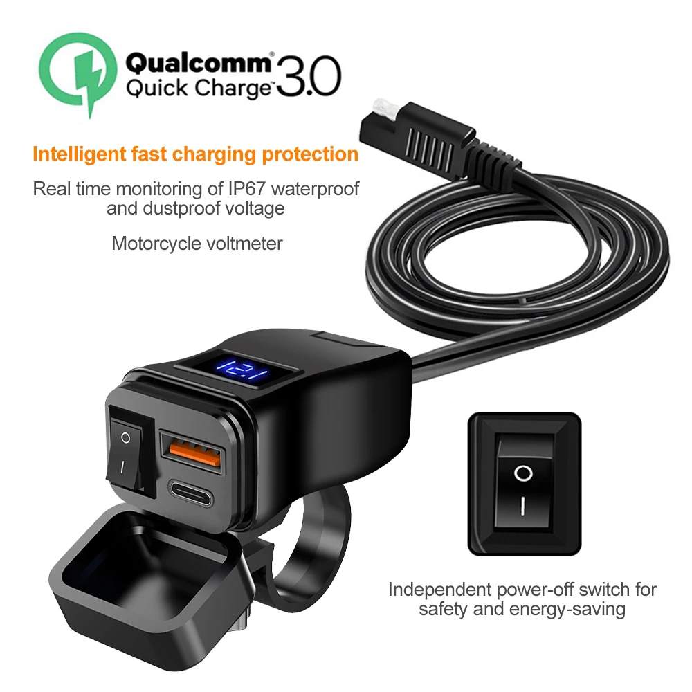 PD QC3.0-cargador celular rápido USB para motocicleta, conector de enchufe de puerto tipo C resistente al agua con voltímetro móvil, carga Digital - imagen 3