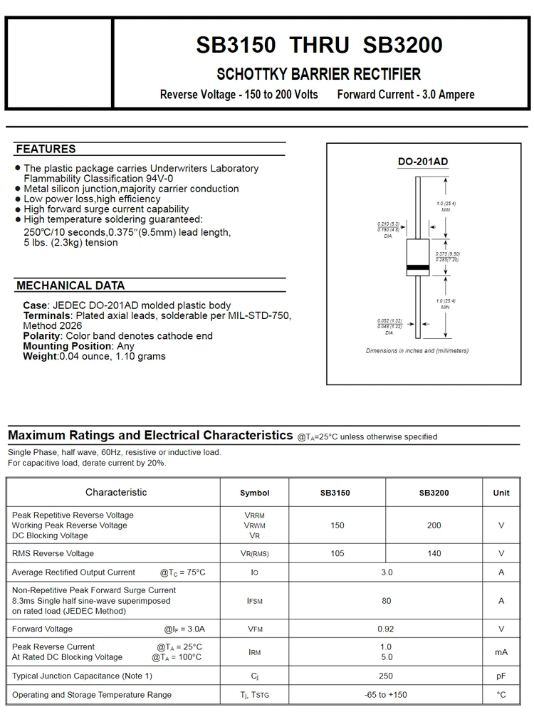 20 piezas SB320 SB340 SB350 SB360 SB380 SB520 SB530 SB540 SB550 SB560 SB3100 SB3150 SB3200 SB5100 SB5150 SB5200 SB5250 diodo - imagen 3