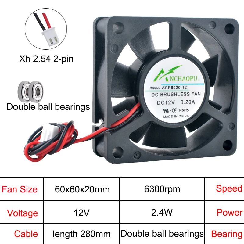 ACP6020 6cm 60mm ventilador 60x60x20mm DC5V/12V/24V ventilador de flujo Axial de 2 pines ventilador de refrigeración para fuente de alimentación del convertidor de frecuencia - imagen 5