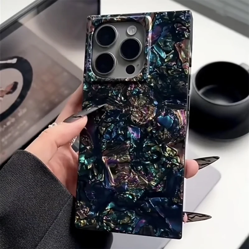 Funda rectangular de lujo con diseño de concha de perla de Color arcoíris para iPhone 16 17 Pro Max 15 14 13, funda trasera de TPU suave única a la moda - imagen 3