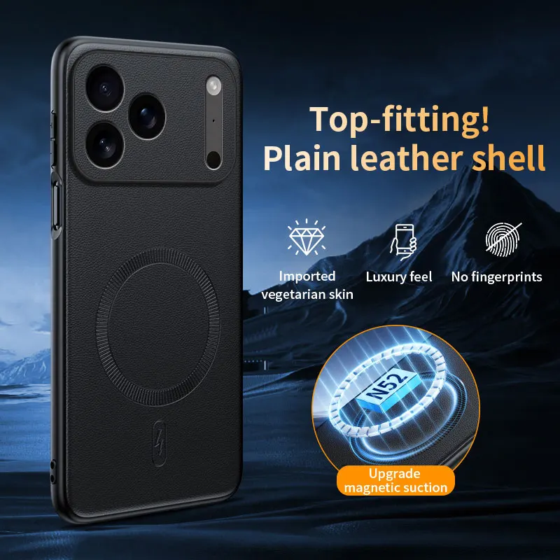 Funda de cuero de alta calidad con textura de lujo para iPhone 17 Air 16 E 15 14 Plus 13 Pro Max para cubierta de lente magnética de agujero fino Magsafe