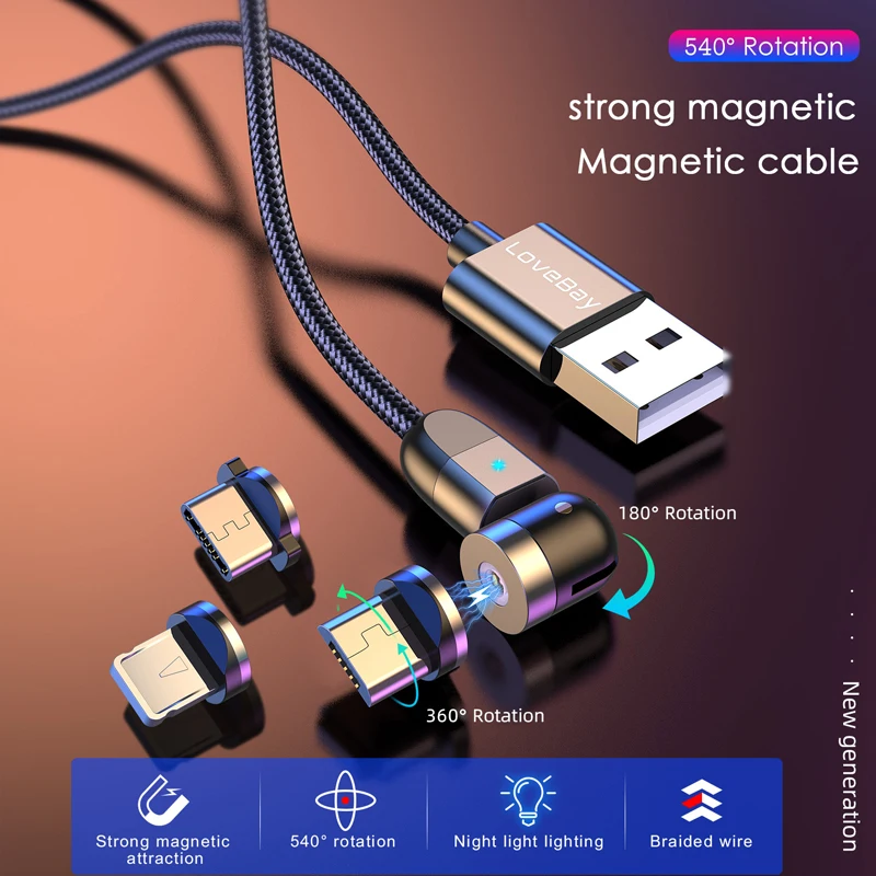 Cable magnético de rotación 540, cargador magnético de carga rápida, Cable Micro USB tipo C para iPhone, Xiaomi, Samsung y Huawei - imagen 4