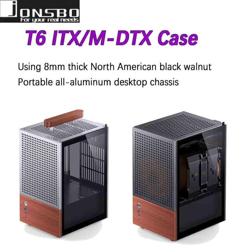 JONSBO-funda de teléfono móvil T6 ITX, carcasa de aleación de aluminio de 3mm, madera maciza de nogal negro de América del Norte de 8mm, versión ITX, tamaño MINI