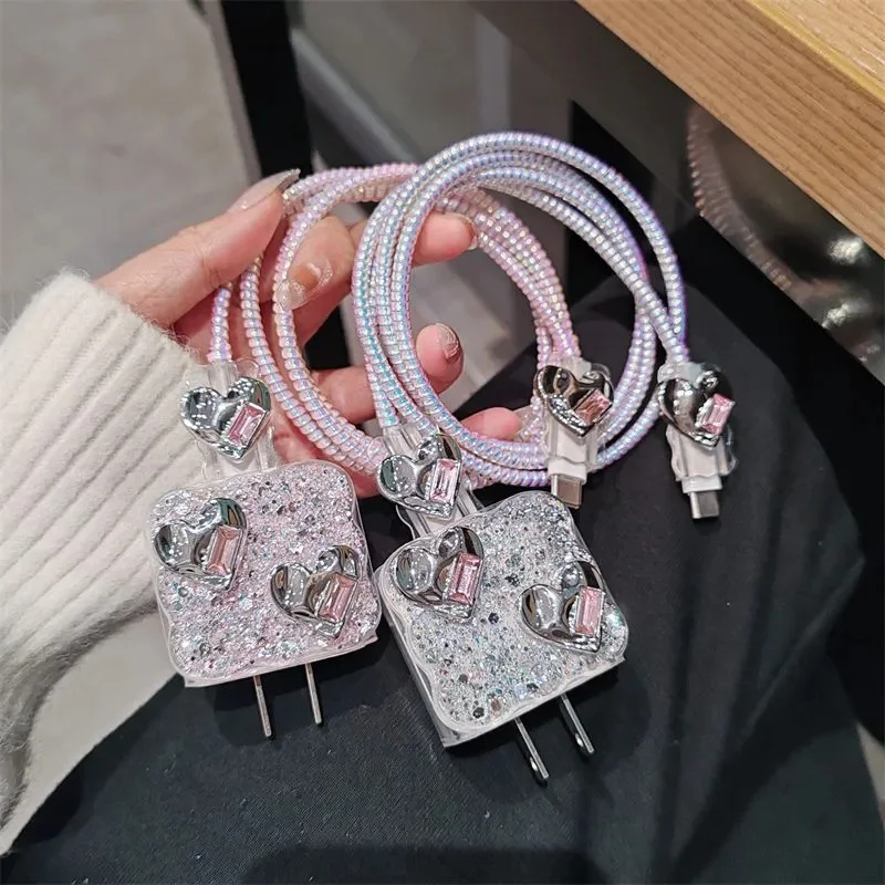 Funda de silicona con purpurina y diamantes de imitación para IPhone, protector de carga rápida 3D con corazón de amor para IPhone 11, 13, 14, 18W-20W