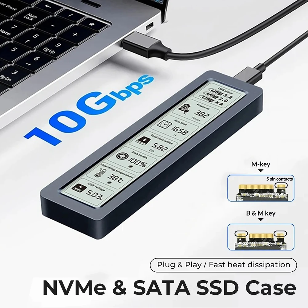 Caja M.2 NVMe SSD, caja de disco duro con pantalla Digital inteligente de 10Gbps, adaptador de controlador de estado sólido M2 NVME SATA, Cable de datos A + C - imagen 2