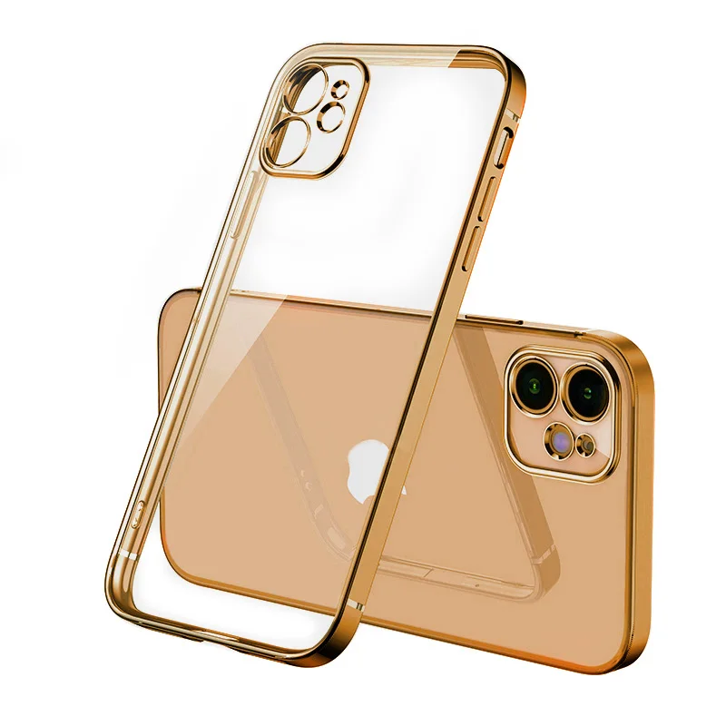 Funda de silicona con marco cuadrado chapado de lujo para iPhone, carcasa trasera transparente para modelos 13, 12, 11 Pro Max, Mini, X, XR, XS, 6s, 7, 8 Plus, SE 2020