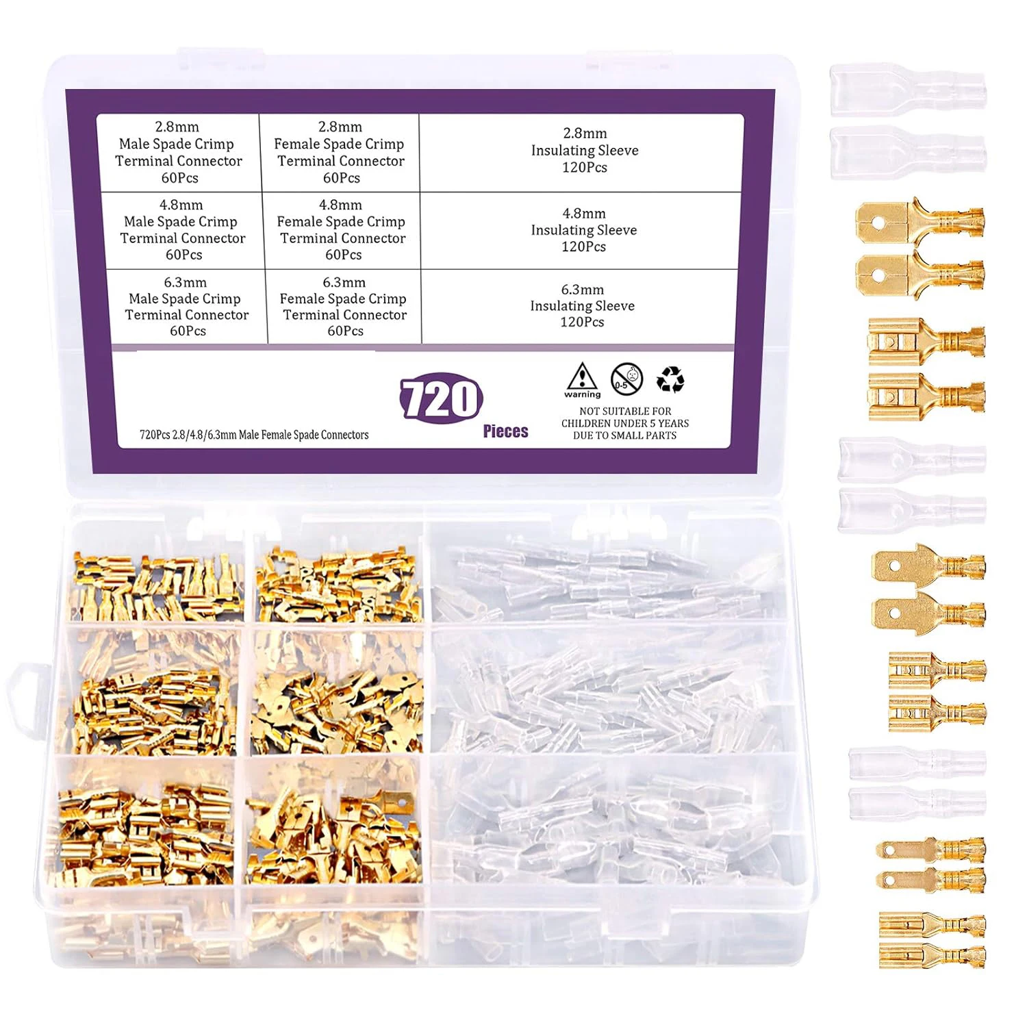 720 Uds oro 2,8/4,8/6,3mm macho y hembra conectores rápidos bloque de terminales de engarzado de cable con Kit surtido de manguitos aislantes