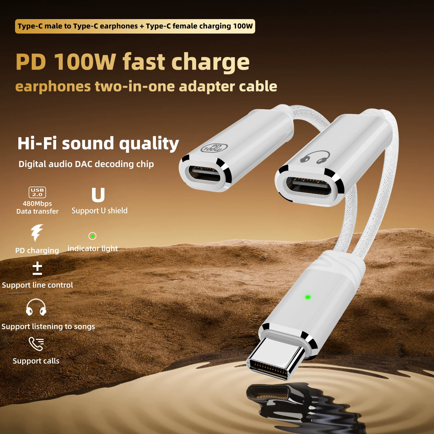 Adaptador de cargador y auriculares USB C 2 en 1 USB C a conector de audio auxiliar con cable Dongle de carga rápida PD 100W para Galaxy S23