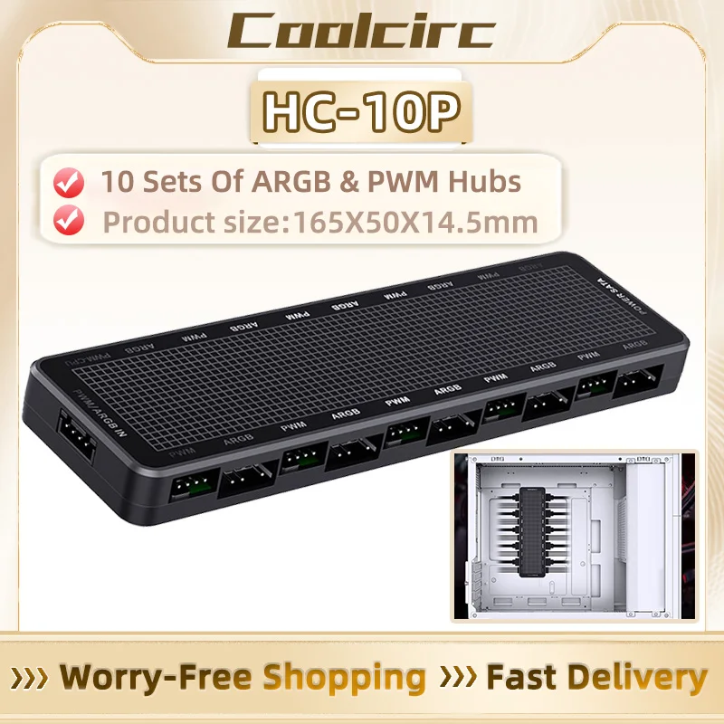 Coolcirc HC-10P Controlador de concentrador ARGB y PWM 2 en 1, 1 a 10 puertos, montaje magnético, para sistema de iluminación y refrigeración de ventilador con cubierta de PC