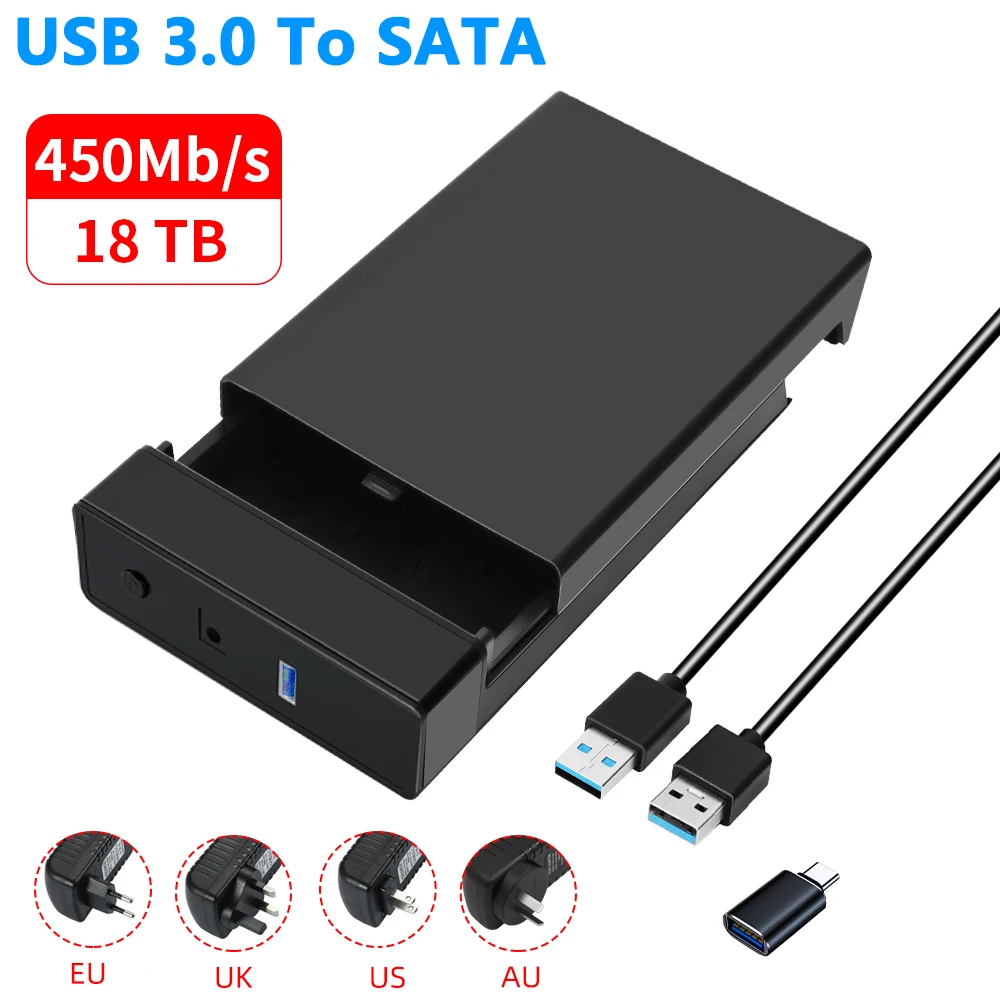 2.5 3. Caja HDD SATA ABS de 5 pulgadas, carcasa HD externa USB3.0 para caja de disco duro de hasta 18TB, lector de unidad SATA SSD hd externo